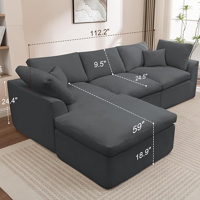 112 Cloud Sectional Couches for Living Room Modern Modular Sectional Sofa with Ottoman Boneless Cloud Couch with Comfy Deep Seats Fluffy Chenille L-Shape Sofa Couch for Living RoomDarkgrey