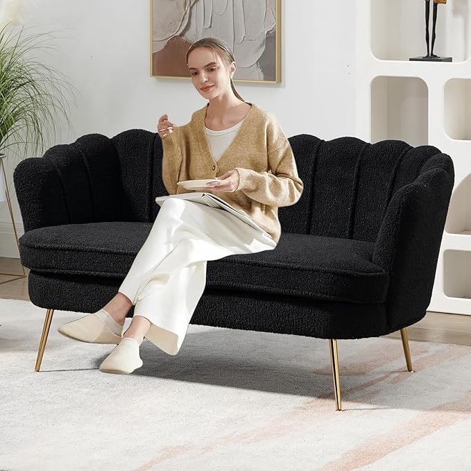 59 Small Loveseat Sofa 2-Seater Modern Chenille Couch with Gold Metal Legs &amp Floral Backrest Compact Apartment Sofa for Living Room Bedroom Office Dorm (Boucle Black)