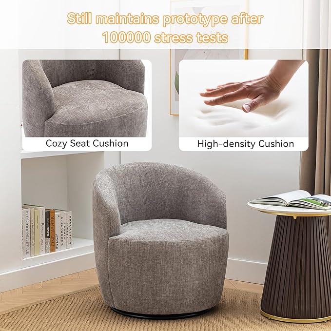 360 Degree Swivel Accent Chair Modern Barrel Vanity Chair with Back Comfy Single Circle Couch for Living Room Bedroom Reading Nook (Chenille Gray)