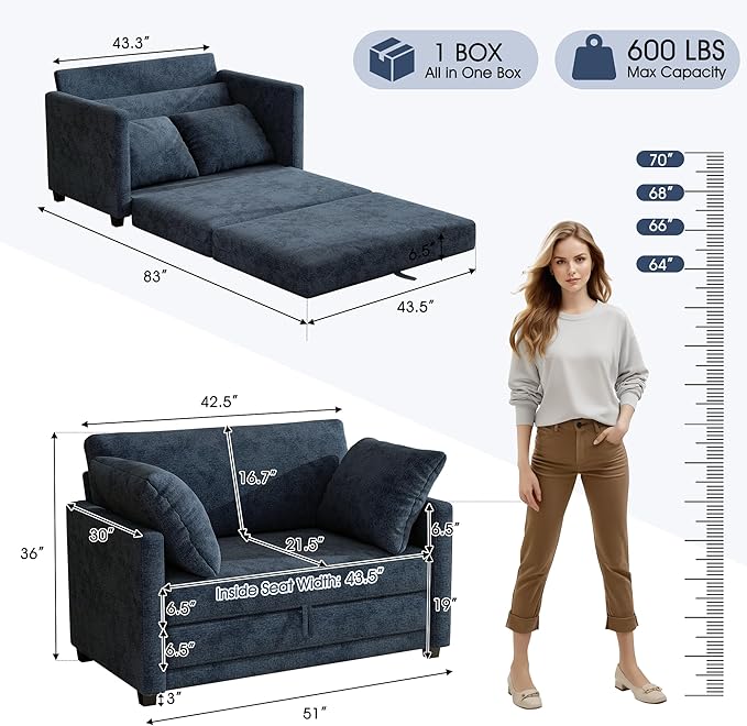 51 Loveseat Sleeper Sofa Bed Chenille Convertible Floor Sofa Bed for Small Spaces Folding Couch Bed with Deep Seat 2 Pillows &amp Solid Frame Pull Out Floor Couch for Living Room Blue