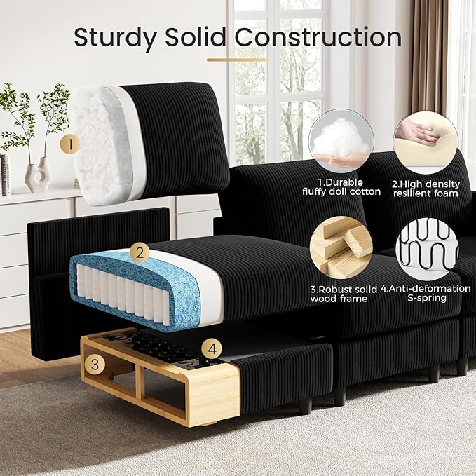 KKL Modular Sectional Sofa Bed with Storage Ottoman Convertible L/U-Shaped Sleeper Couch for Living Room Modern Reversible Design Black
