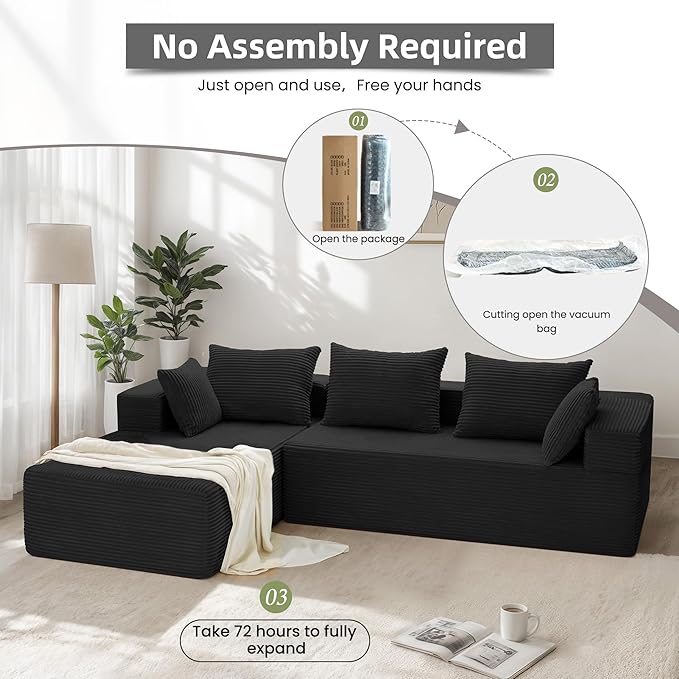105 Modular Sectional Couches for Living RoomBoneless Couch with L-Shape ChaiseComfy Corduroy Sectional SofaNo Assembly RequiredBedroom Black