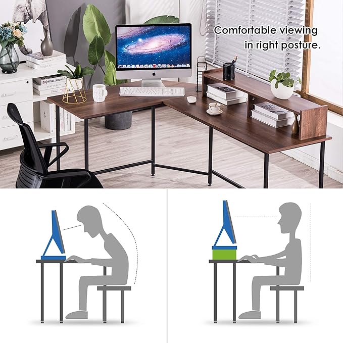 ivinta L-Shaped Computer Office Desk Modern Gaming Corner Desk with Monitor Stand Home Office Study Writing Table Workstation for Small Spaces 6404 (Brown)