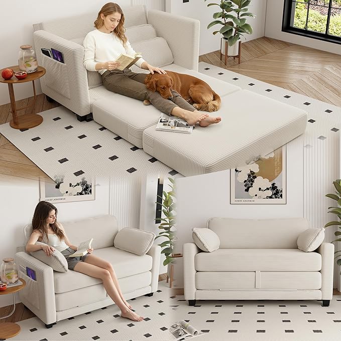 2 in 1 Convertible Sofa Bed 51 Pull Out Loveseat Couch Small Sleeper with 2 Pillows and Side Storage Folding Couch Bed for Living Room Bedroom Apartment (Beige Corduroy)