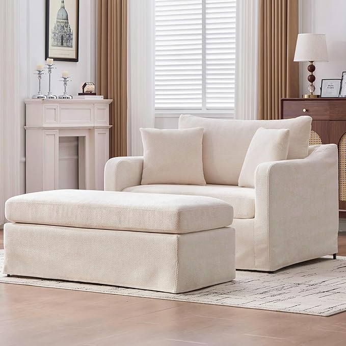 44 Oversized Reading Chair with OttomanWide Beige Accent ChairChenille Upholstered Square Chair with OttomanBig Comfy Chair for Living Room