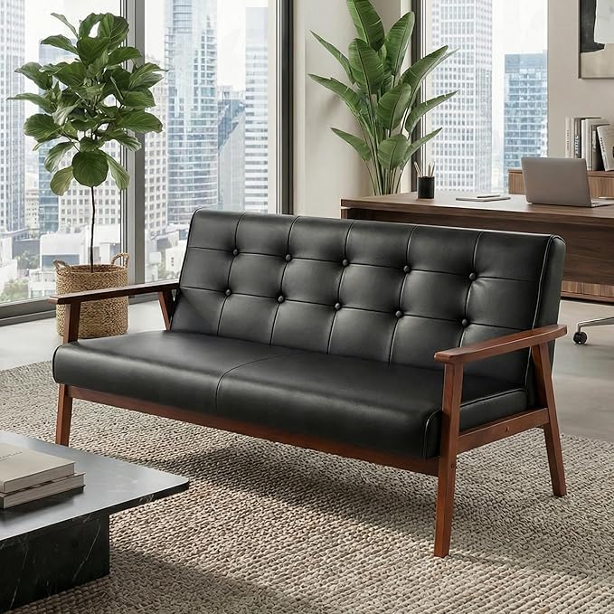 JIASTING Mid-Century Modern Solid Loveseat Sofa Upholstered Faux Leather Couch 2-Seat Wood Armchair Living Room/Outdoor Lounge Chair Waiting Room Sofa 50”W