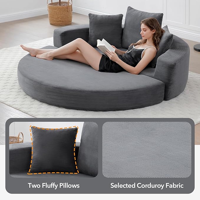Round Boneless Couch Corduroy Upholstered Folding Convertible Sofa Bed with Pillows 2-in-1 Futon Sofa Bed with Half-Circle Design Comfy Loveseat for Living Room Apartment (Gray)