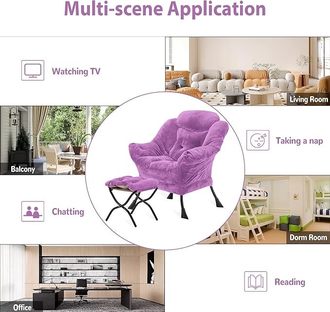 Lazy Chair with Folding Ottoman Accent Chair Plush Upholstered with Metal Structure and Non-Slip Pads Sofa Armchair with Footrest and Side Storage Bag for Dorm Room Office Purple