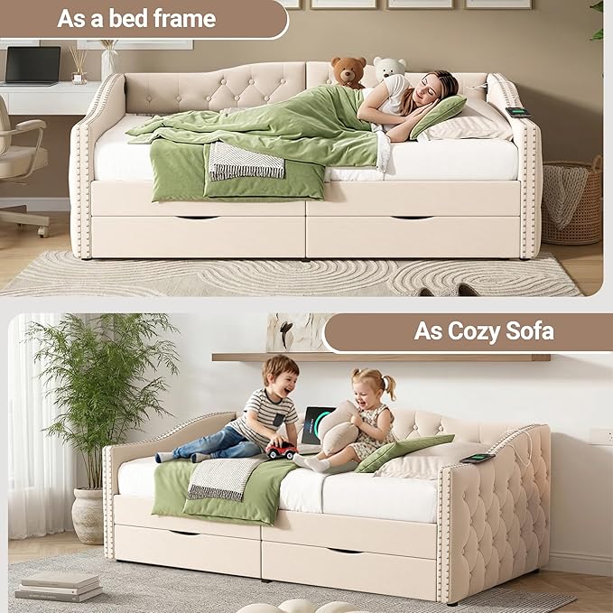 Twin Daybed with Storage Drawers Twin Size Velvet Upholstered Sofa Bed Frame w/USB Port Button Tufted Backrest and Nailhead Daybeds for Living Room Bedroom No Box Spring Needed (Beige)