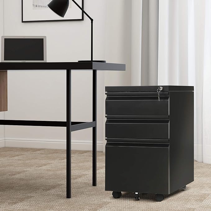 Locking Metal Pedestal Under Desk Metal Filing Cabinet Black Mobile 3 Drawers File Storage Cabinets with Wheel for Home Office Legal/Letter Size Fully Assembled Except Wheels