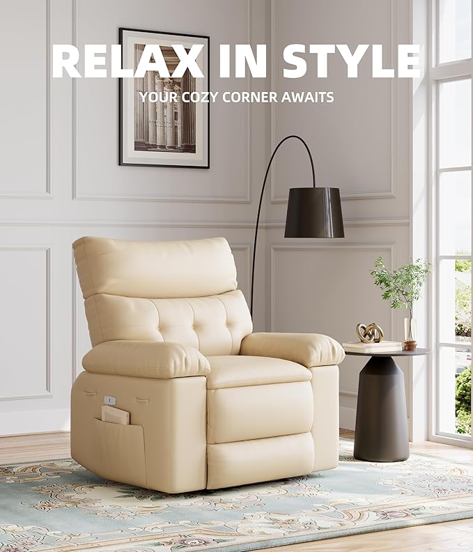 27'' Oversized Rocker Recliner Chair PU Leather 360° Manual Rocker Swivel Recliner for Adults Lazy Chair with 1.5X Sponge Comfort Arm and Back for Living Room Bedroom