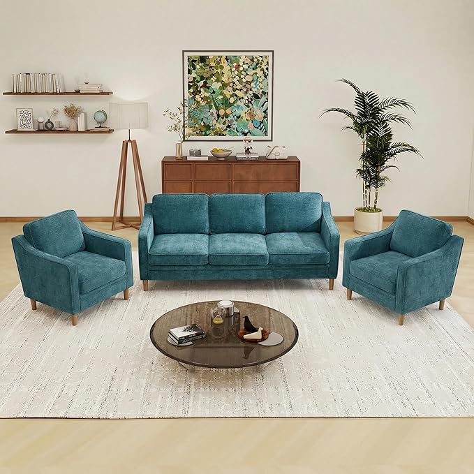 Kingfun Living Room Furniture Sets 3 Seater Couch and 2 Armchair Mid Century Modern Sofa Set Chenille Couch with Solid Wood Frame for Living Room &amp Bedroom Water Green