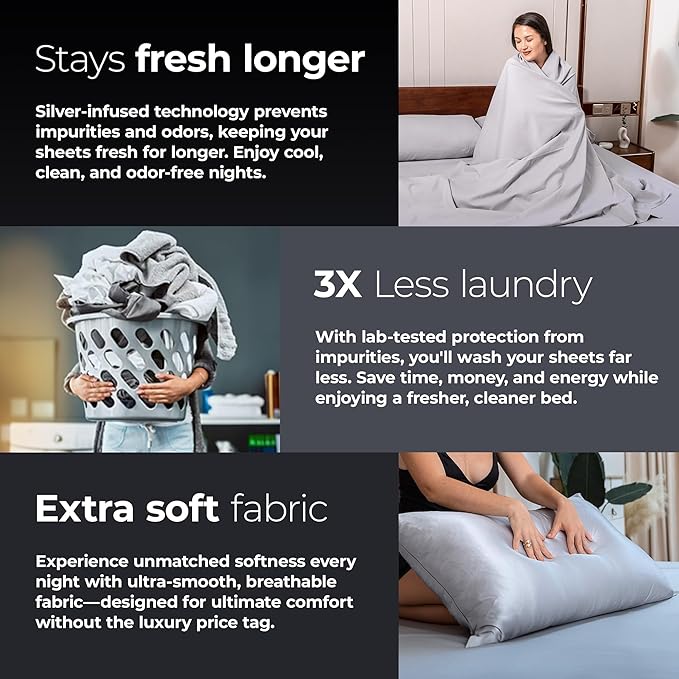 Silvery Silver Infused Bed Sheets Set - Ultra-Soft Temperature-Regulating Fabric with Self-Cleaning Technology™ That Stays Fresh 3X Longer for Hygienic Sleep (Gray California King)