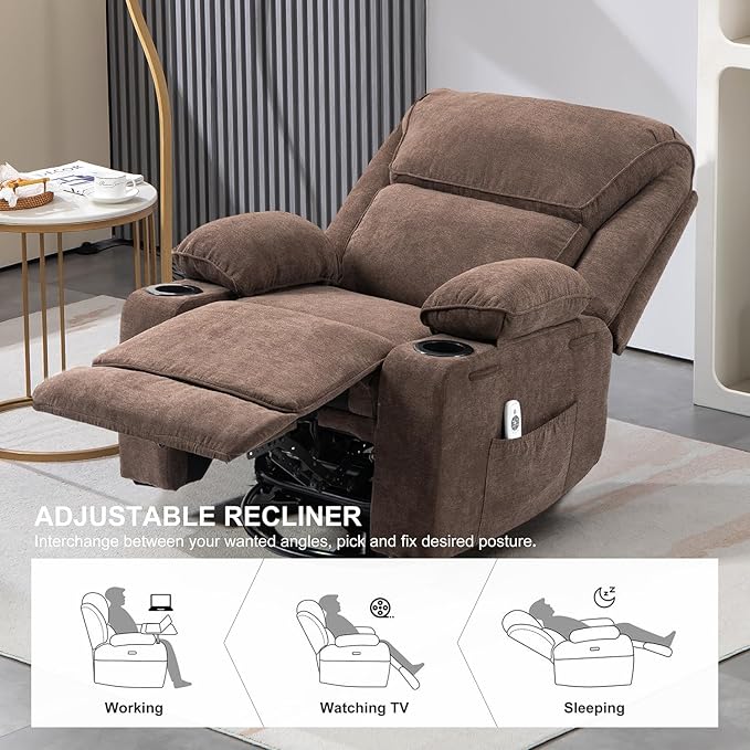 Rocker Recliner Chair with Massage and Heated 360°Swivel Rocking Manual Recliner Chairs with Cup Holders Remote Control for Living Room (Brown)