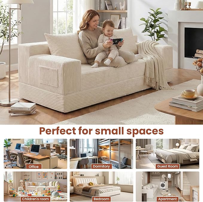 Boneless Couch 78 Inch 2 in 1 Convertible Sofa Bed Corduroy 3 Seater Fold Out Couch Oversize Boneless Loveseat Sleeper Sofa with 3 Pillows for Living Room Bedroom &amp Apartment