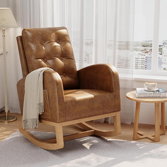GarveeHome Nursery Rocking Chair Breathable PU Leather Upholstery Sturdy Wooden Legs &amp High Backrest Comfortable Glider Rocking Chair for Living Room or Bedroom Orange