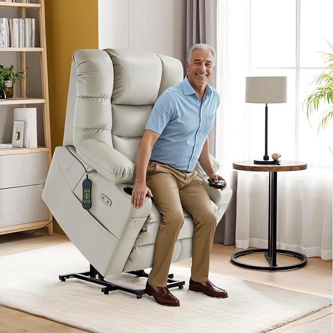 MCombo Triple Motor Power Lift Recliner Chair with Massage and Dual Heating Adjustable Headrest for Elderly People Faux Leather 7632 (Light Grey Medium)