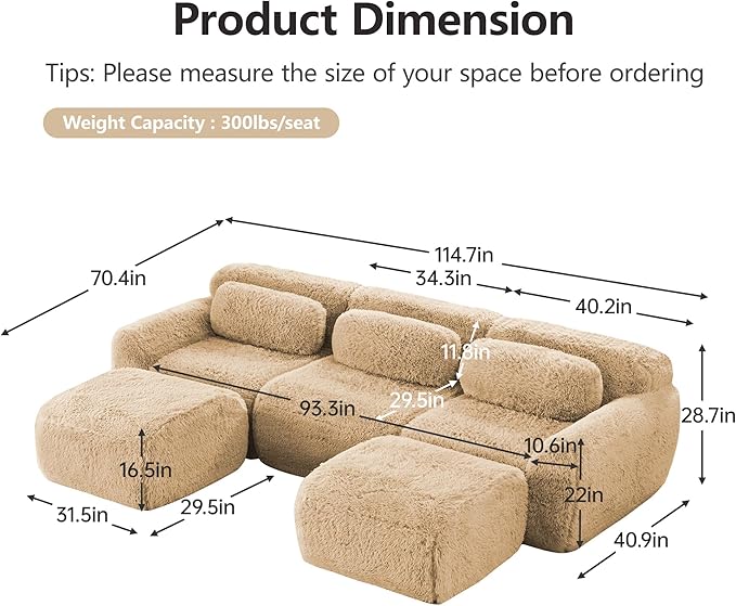115 Sectional Couches for Living Room Comfy Boneless Couch 3 Seater Cloud Sofa Compressed U Shaped Couch with 2 Ottomans Modern Modular Sectional Plush Floor Sofa No Assembly (Camel)
