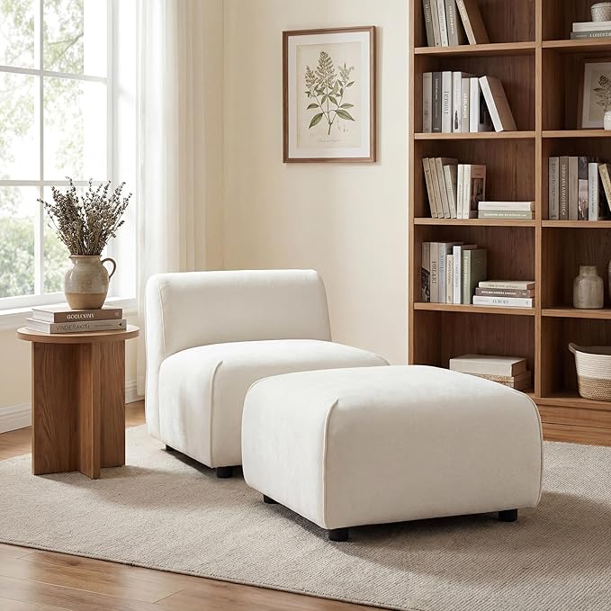 Christopher Knight Home Milio Modern Accent Chair with Ottoman Foot Rest Wooden Frame Club Chair and Ottoman Comfy Living Room Lounge Chair with Coffee Table Single Sofa and Footstools Beige