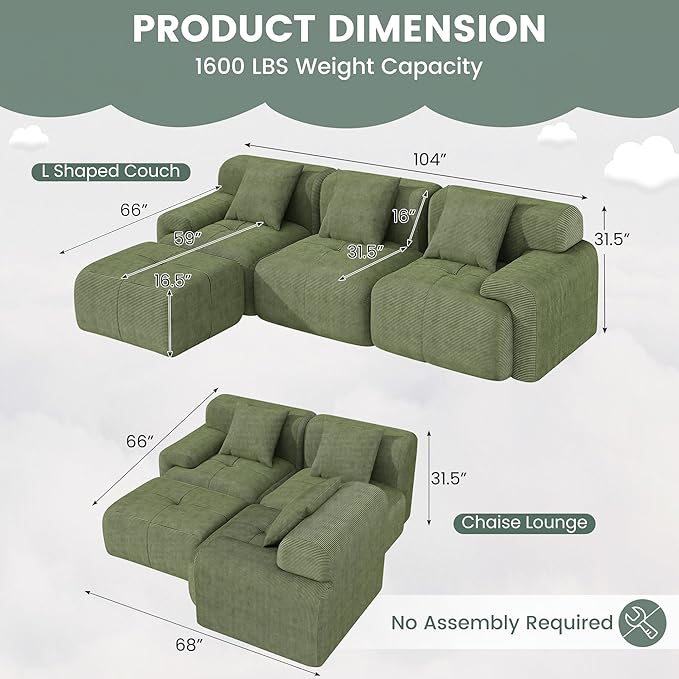 104 Boneless Couch with Ottoman Upholstered Flexible Modular Sectional Sofa Cloud Couch with Deep Seat &amp Pillows for Small Spaces Boneless Couches for Living Room No Assembly Required Green
