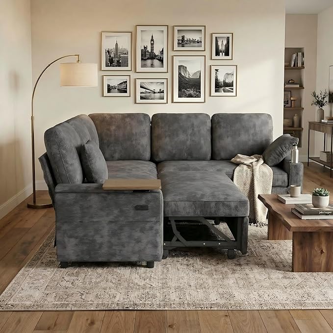 81 Modular Sectional Sofa L Shaped 5-Seater Sleeper Sofa with Pull Out Bed Hidden Storage Cup Holders &amp USB Charging Ports Sectional Couches for Living Room Chenille Grey