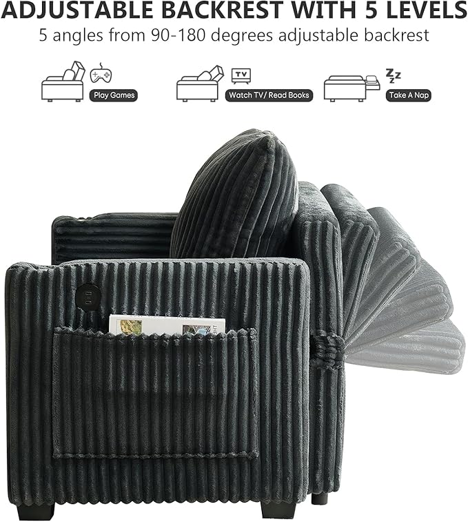 Hommoo Sleeper Sofa Couch with Pull Out Bed Convertible 3 in 1 Futon Lounge Sofa Small Love Seat for Living Room Apartment Comfy Corduroy Reclining Back with Cup Holder and USB Ports 53 Grey