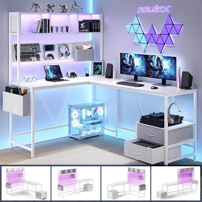 Dowinx 67” L-Shaped Gaming Desk with Pegboard &amp Drawers Reversible Computer Desk with RGB Lights &amp Power Outlets Corner Workstation with Storage &amp Hutch for Home Office &amp Gaming Whit