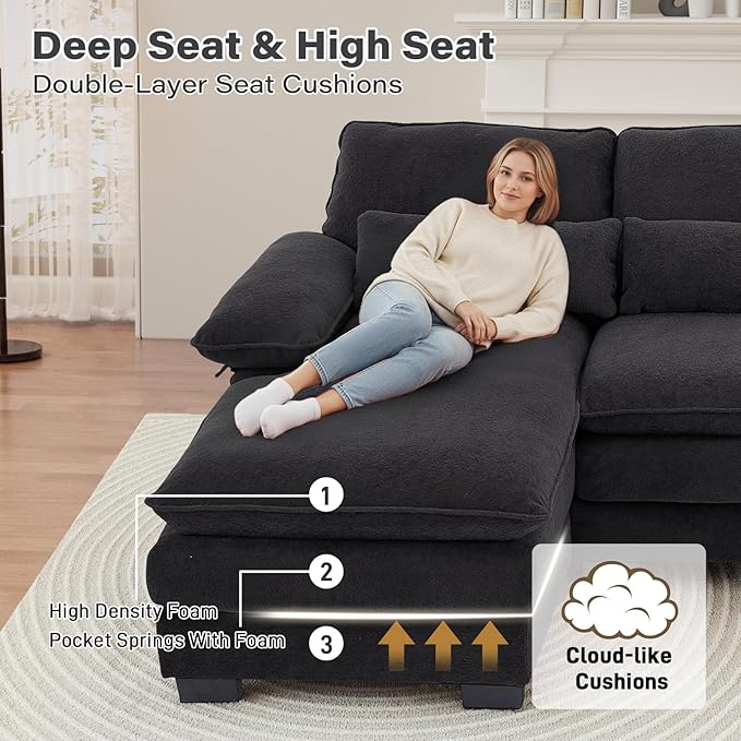 OUYESSIR 114 U Shape Sectional Cloud Couch with OttomanFluffy Sectional Couches for Living Room4 Seater Modular Sectionals SofaComfy Cloud Sofas &amp Couches with 4 PillowsDark Grey