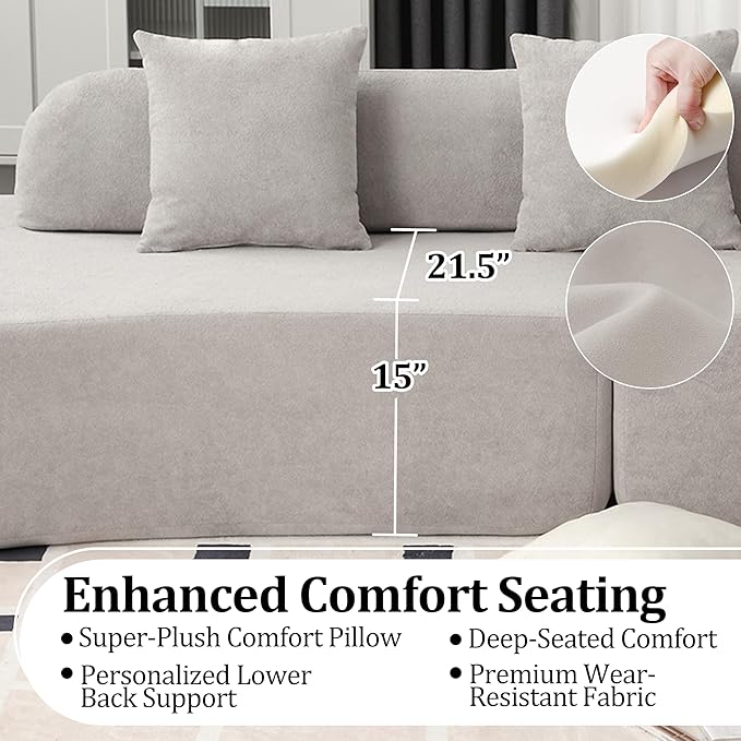130'' Curved Modular Sectional Long Sofa Modern Cloud Boneless Deep Seat Couch Plush Terry Cloth Compressed Upholstered Lounge Sofa for Living Room No Assembly Required Light Grey 3 Pillows