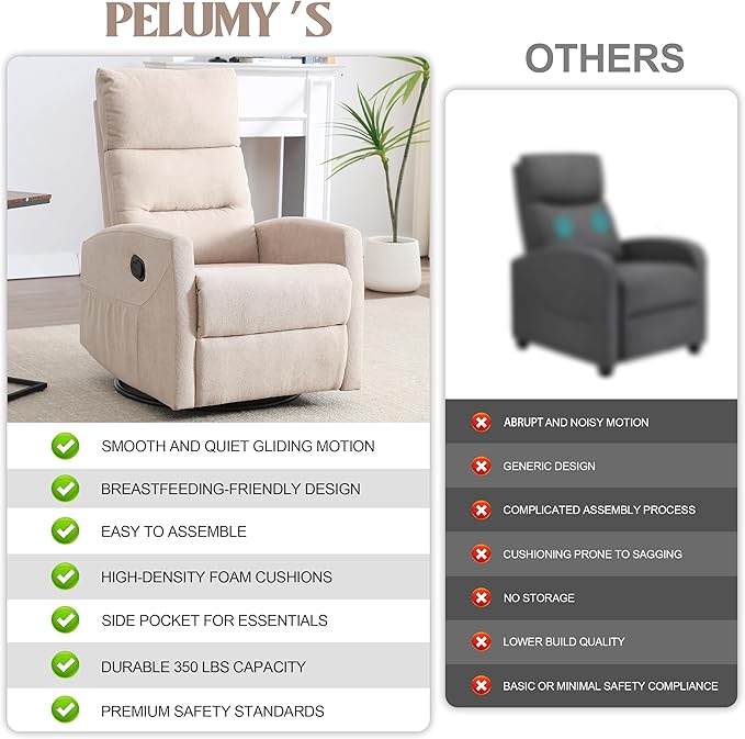 PELUMY Manual Recliner Chair 360° Swivel Glider and Rocker Recliner with 155° Recline Compact Fabric Recliner for Small Space Nursery Living Room Bedroom No Tools Assembly (Beige)