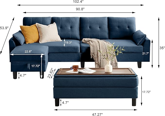 Sectional Sofa with Ottoman Bench 102 L Shaped Couch with Chaise 4 Seat Sofa Polyester Fibre for Living Room Blue