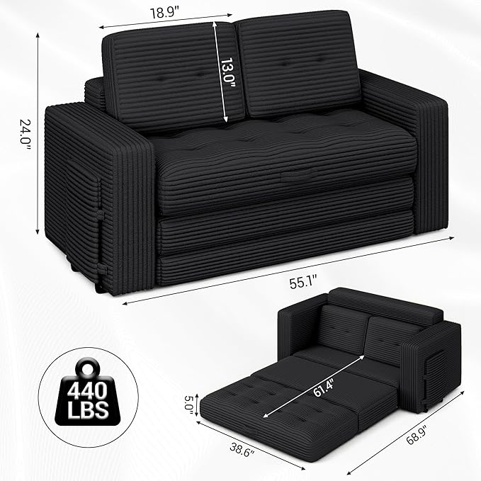 2 in 1 Convertible Sofa Bed Pull Out Loveseat Boneless Couch Sleeper Sofabed Folding Couch Bed with Pillow for Living Room Bedroom Black