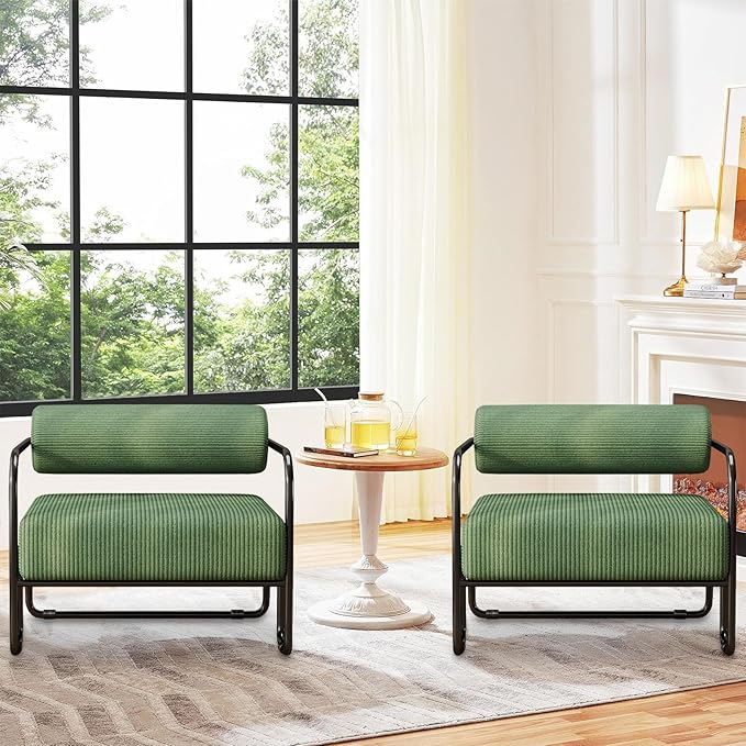 cinkehome Modern Accent Arm Chair for Living Room Corduroy Fabric Upholstered Armchair with Metal Frame Comfy Reading Club Chair Green