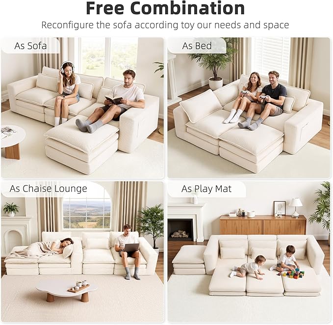 109 Sectional Couches Boneless Modular Sofa for Living Room with Ottoman | No Assembly Required Sofa Bed L shaped Couch | Corduroy Deep Seat Couch with Double Layer Cushion &amp Removable Cover | Be