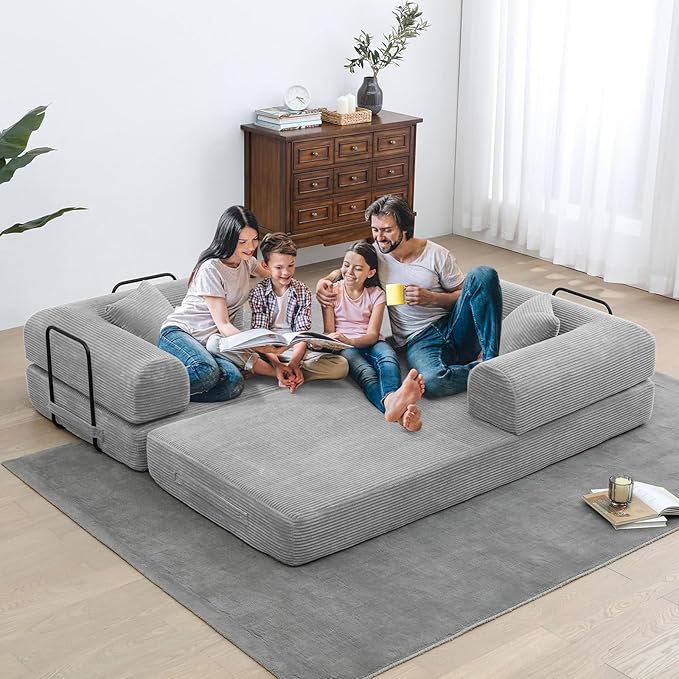 Convertible Folding Sofa Bed Corduroy Sleeper Mattress Couch with Fixed-Shape Frame Free Combination Loveseat Lounge Floor Sofa Queen Size Memory Foam Couch for Living Room Bedroom Light Grey