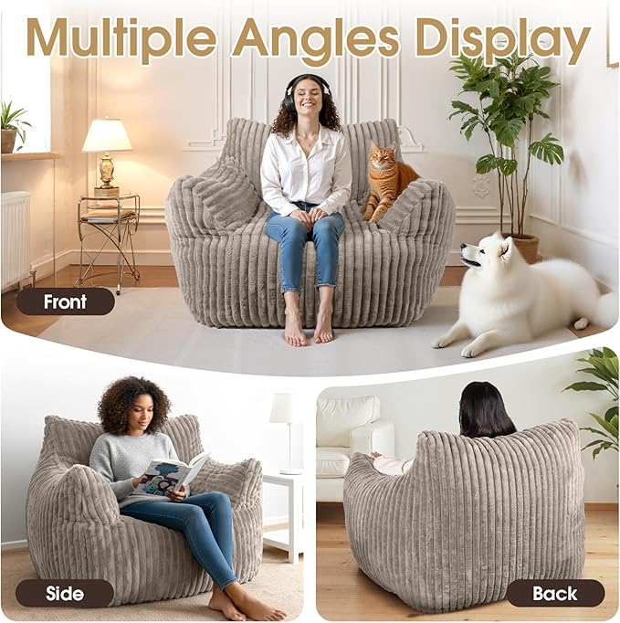 Giant Bean Bag Chair Oversized Plush Comfy Bean Bag Sofa for Adults and Kids with Armrests Memory Foam Mini Couch Single Lounges for Living Room Bedroom &amp Game Room(Taupe)