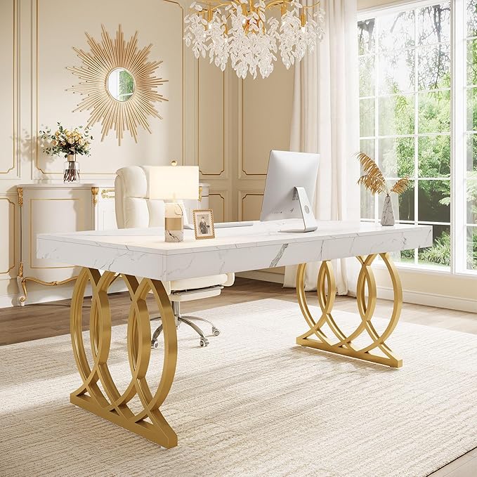 Tribesigns 63-Inch Executive Desk Modern Office Computer Desk with Stylish Gold Legs Rectangular Workstation for Home Office Small Conference Table for Meeting Room (White &amp Gold)