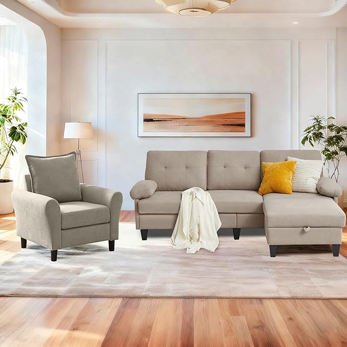 2PCS Sectional Sofa Set with OttomanModern Linen 4 Seater Couch Set with Side Pockets 3 Seat Couch and Armchair for Small Space(3+1Seat/Beige)