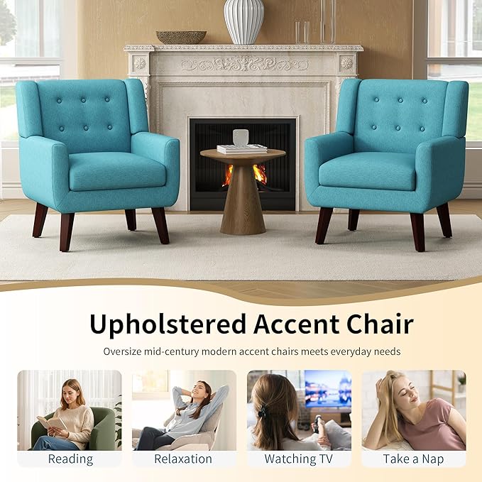 Linen Fabric Living Room Chairs Accent Chair Mid Century Modern Armchair for Living Room Bedroom Button Tufted Upholstered Comfy Reading SofasVanity Chair (1 Lake Blue)