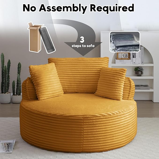 Oversized Round Chair Lounge Chaise Indoor 53.5 Corduroy Boneless Round Chair Fluffy Single Deep Seat Cloud Sofa Chairs Modern Circle Chaise Lounge for Bedroom Living Room Yellow