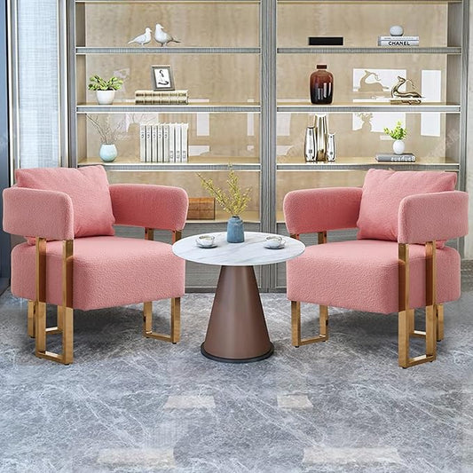 Oversized Pink Teddy Accent Chair Modern Barrel Chair with Gold Legs Metal Frame Upholstered Armchair for Bedroom Living Room Sofa Chair Club Side Chairs Home/Business (Set of 2 Pink)