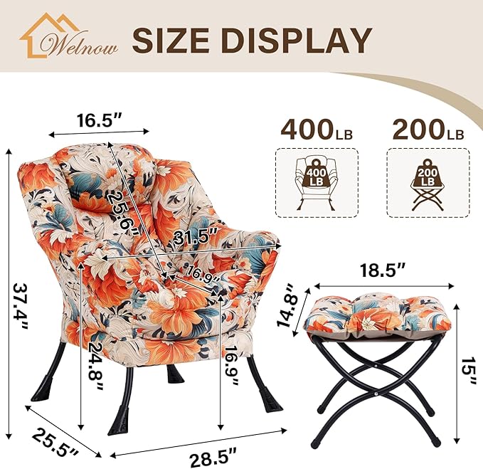 Welnow Lazy Chair with Ottoman Modern Accent Chair with Armrests and a Side Pocket Leisure Sofa Armchair Set Reading Armchair with Footrest for Small Space Orange Blue