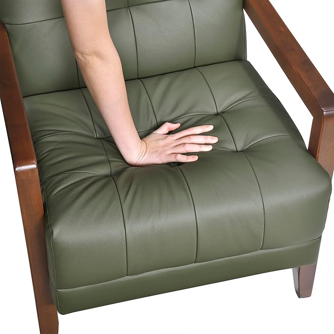 Lexicon Modern Accent Chair Luxury Genuine Leather Match Living Room Chair with Tufted Cushions Solid Wood Frame and Arm Rest Comfy Upholstered Single Seat for Bedroom/Reading/Office Green