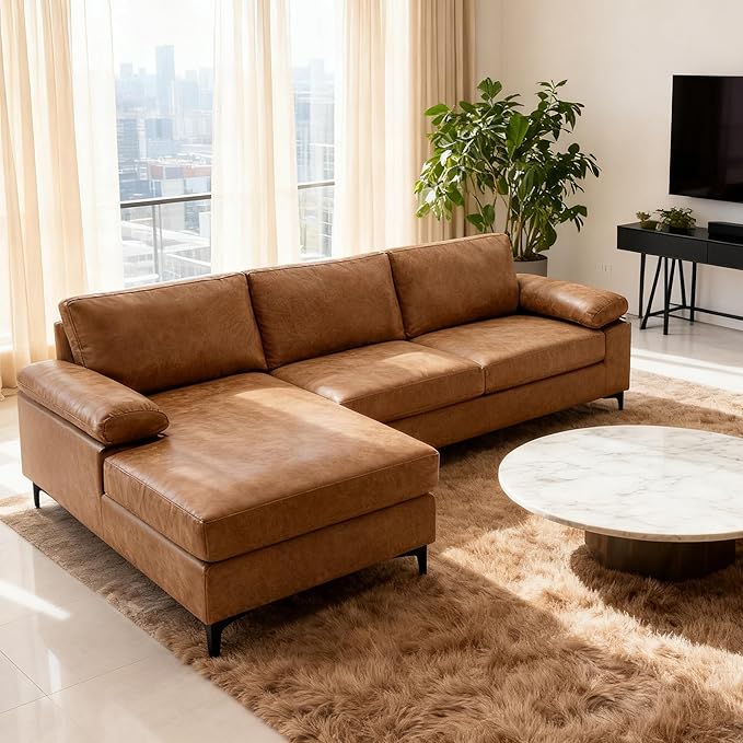 VANOMi Faux Leather Couch for Living Room 100 Sofas &amp Couches with Convertible Chaise 3-Seater Sectional Sofas for Living Room Apartment Office Brown | Right/Left L-Shaped Adjustable Chaise