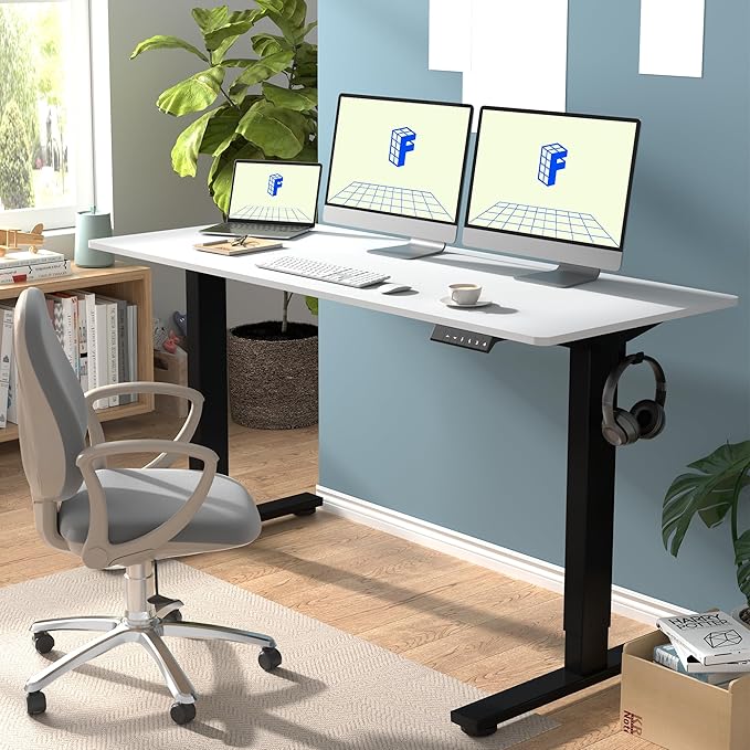 FLEXISPOT EN1 One-Piece Standing Desk with 1-Inch Thick Desktop 60x24 Electric Height Adjustable Desk for Home Office &amp Multi-Device Workstations White