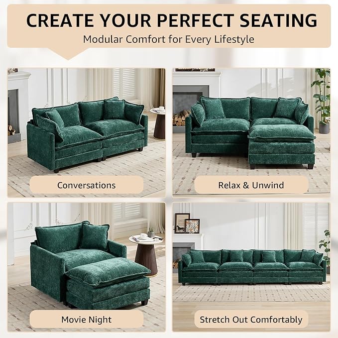 146.5 Green Modern Large Sectional Couches for Living Room Chenille Fabric Modular Sectional Sofa Oversized 4 Seater Cloud Couch for Apartment Deep Seat Sofas Set Sofa para Sala