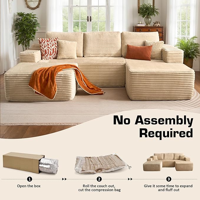 106 Cloud Sectional Couch with L-Shape Chaise &amp Ottoman No Assembly Modular Sofa Deep Seat Plush Corduroy Boneless Couched for Living Room (Beige Plush Corduroy L Shape with Ottoman-Right Faci