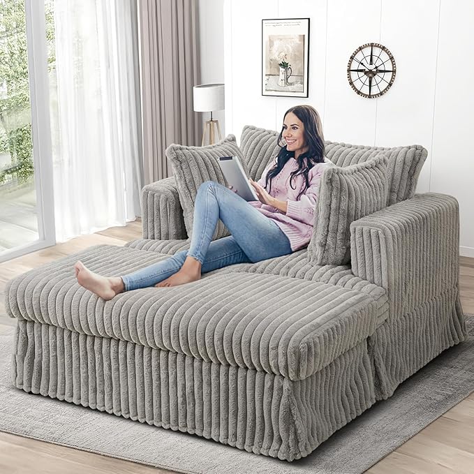 Oversized Chaise Longue IndoorComfy Upholstered Tufted Corduroy Single Sofa Couch Leisure Chair with 3 PillowDeep Seat Reclining Sleeper Sofa Chair for Living RoomBedroomOffice (Light Gray)