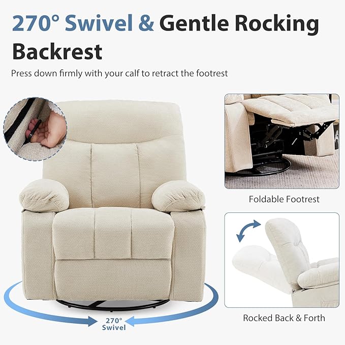 DUMOS Rocker Recliner Chair Swivel Recliner with Vibration Massage &amp Lumbar Heating 270° Rotating Chenille Fabric Recliner with footrest for Living Room &amp Bedroom Beige