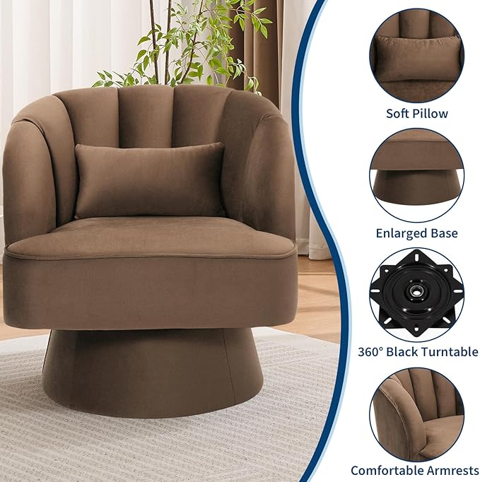 GarveeHome Modern Swivel Barrel Accent Chair 360 Degree Velvet Upholstered Armchair with Striped Backrest &amp Plush Padding Comfy Round Lounge Chair for Living Room Bedroom Reading Nook Brown 2